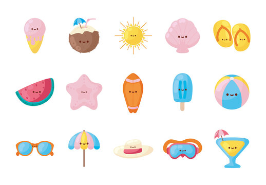 Colorful Kawaii Summer Vacation Tropical Illustrations Set