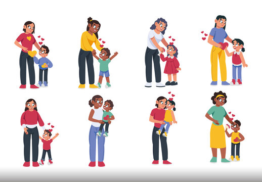 Colorful Mothers Day Celebration Love Relationship Illustrations Set