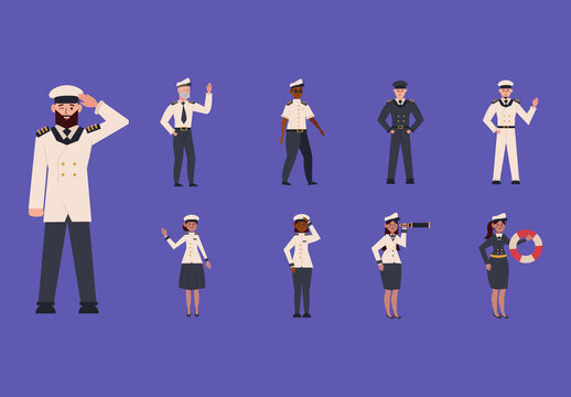 Colorful Navy Officer Captain Sailor Marine Illustrations Set