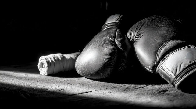 A leather boxing glove rests on a black background, symbolizing the powerful sport of a fighter's hand - Powered by Adobe