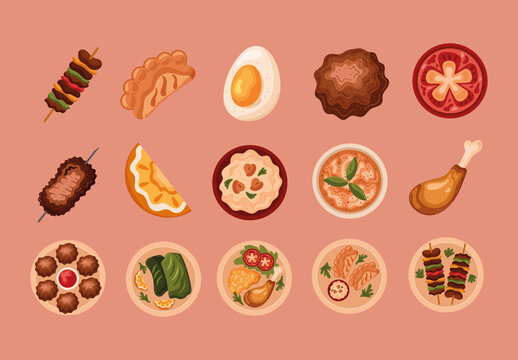 Colorful Muslim Middle Eastern Arabic Food Illustrations Set