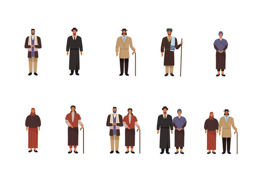 Colorful Orthodox Jewish Family Traditional Illustrations Set