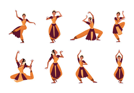 Colorful Bharatanatyam Dance Traditional Indian Culture Illustrations Set