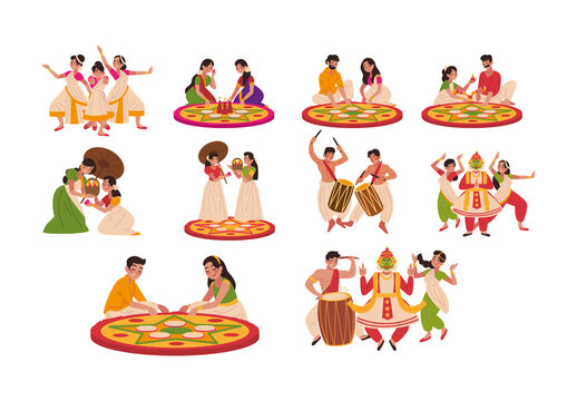 Colorful People Onam Festival Kerala Culture Traditional Illustrations Set