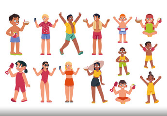 Colorful Summer Party People Holiday Vacation Illustrations Set