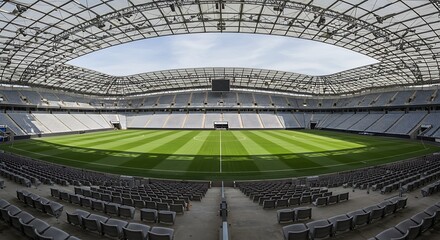 Expansive football stadium with lush green field and seating under a unique roof structure © Ayasha