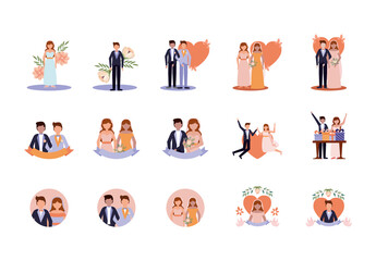 Colorful Wedding Couple Romantic Illustrations Set