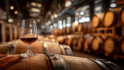 A glass of amber liquid on a wooden barrel in a distillery