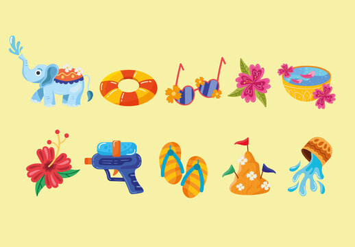 Colorful Songkran Festival Thailand Water Celebration Illustrations Set