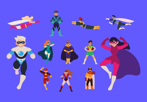 Colorful Superhero Costume Character Illustrations Set