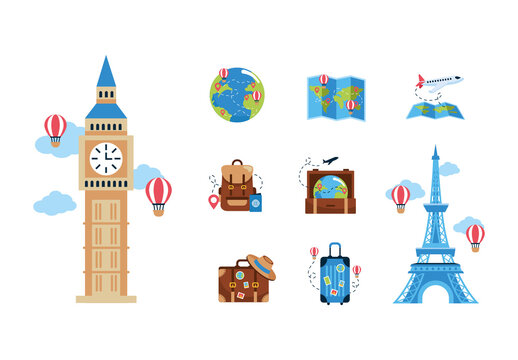 Colorful Tourism Day Travel Vacation World Adventure Illustrations Set