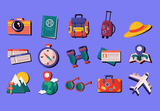 Colorful Tourism Travel Adventure Vacation Illustrations Set