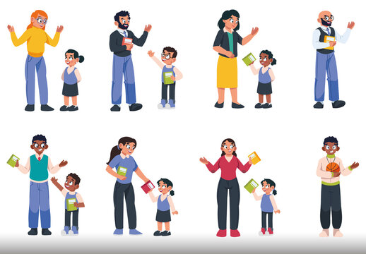 Colorful Teachers Day Students School Education Characters Illustrations Set