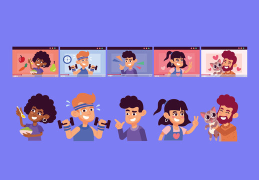 Colorful Vlogging Characters Illustrations Set