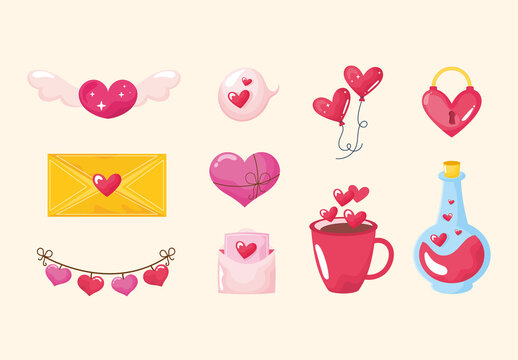 Colorful Valentines Day Celebration Heart Love Romantic Illustrations Set