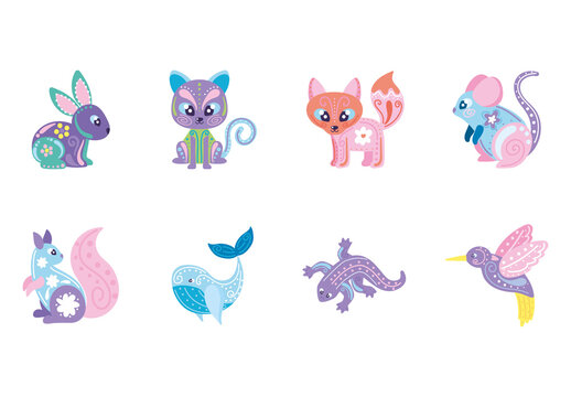 Purple And Pink Alebrijes Animals Mexican Fantasy Folk Art Icons Set