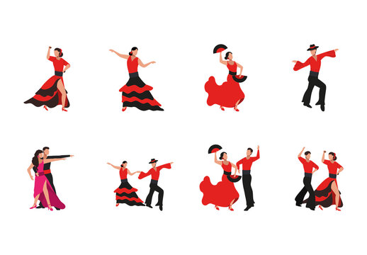 Red And Black Flamenco Dancers Spanish Traditional Couple Illustrations Set