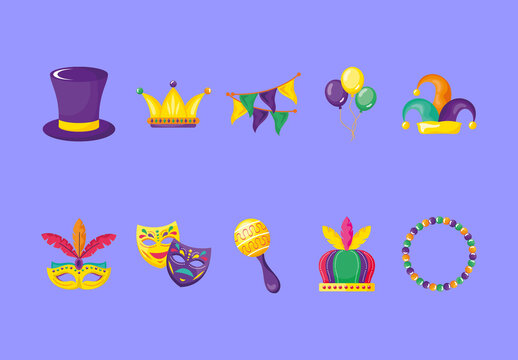 Colorful Mardi Gras Festival Carnival Celebration Illustrations Set
