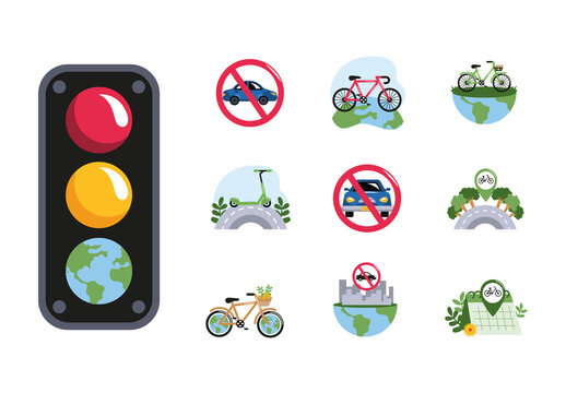 Colorful Car Free Day Ecology Transport Illustrations Set