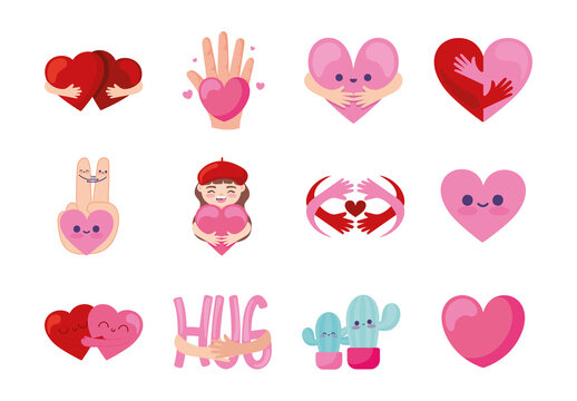 Red And Pink Hug Day Heart Love Embrace Illustrations Set