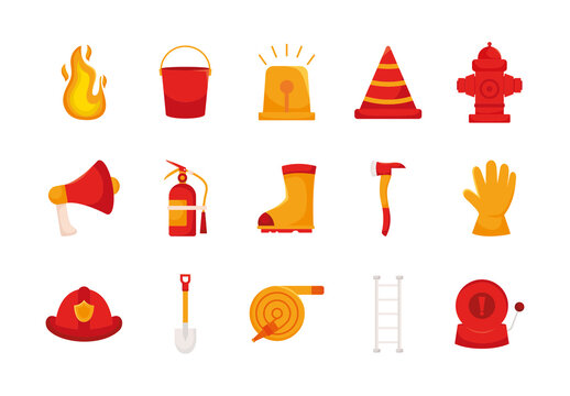 Red Firefighter Tools Equipment Emergency Illustrations Set