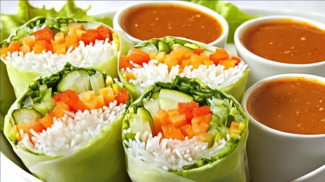 A close-up of vibrant, colorful spring rolls filled with a variety of fresh vegetables. Accompanied by two bowls of dipping sauce for flavor enhancement.