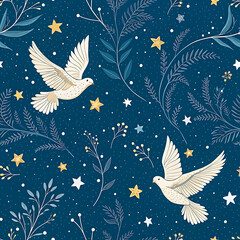 Obraz premium Two white doves flying among celestial stars and delicate winter foliage on a dark blue background