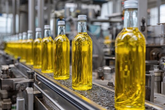 Bottled oil on conveyor