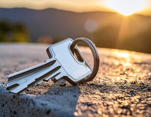 close-up of a silver house key resting on textured concrete, sharp detail, conceptual security theme.