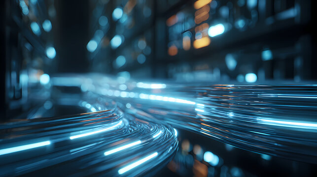 Futuristic digital data flow with illuminated fiber optic cables in dark environment