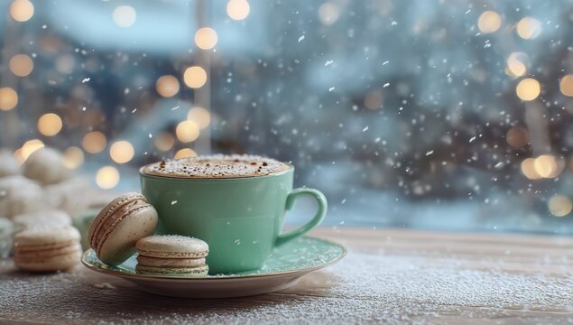 Winter coffee scene with macarons