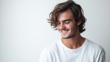 Smiling Young Man Posing Against White Background And Gazing Downwards In A Portrait Shot Of Cheerfulness And Positivity.