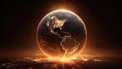A glowing Earth, centered in a dark, radiant atmosphere