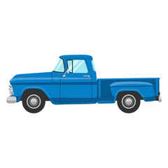 vector illustration of a pickup truck, small light-duty cargo vehicle, flatbed at the back, plain white background.