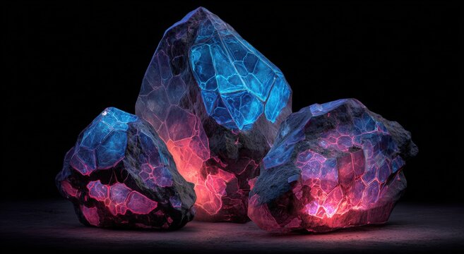 Glowing,faceted rocks on dark surface
