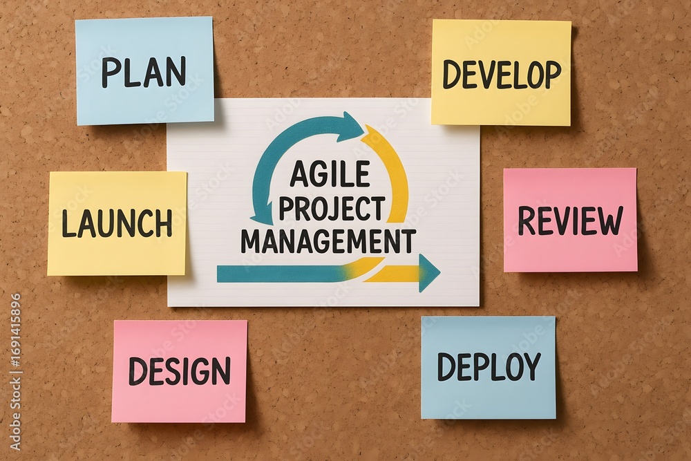 Poster agile project management process with sticky notes.