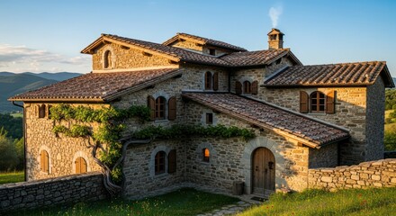 Rustic Stone House with Vine and Mountain View at Sunset