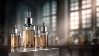 Amber cosmetic bottles on a reflective surface in a dimly lit room with large windows