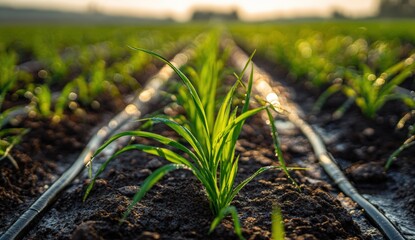 Young plants in rows, irrigation system
