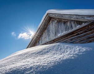 Wooden chalet covered in snow with a bright sun