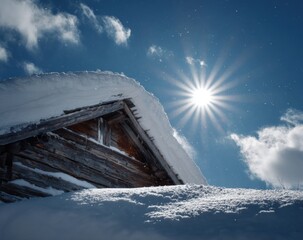 Snowy mountain hut roof on a bright sunny day