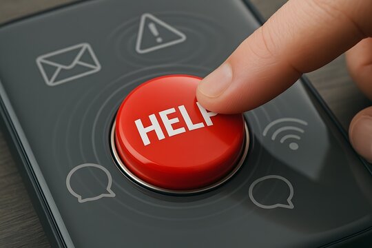 Close-up of a finger pressing the red HELP button, symbolizing an urgent need. 