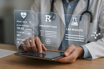 A doctor using a tablet with digital medical data overlays.