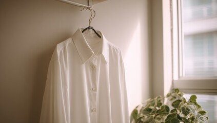 A white shirt hangs on a rod, near a window