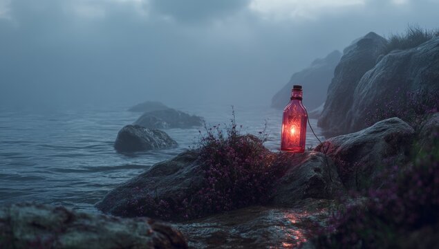 A pinkish glass bottle lantern on a rocky shore at dusk, illuminated by an inner light