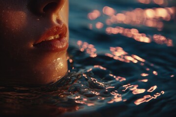 Close-up of a person's face submerged in water, sunset hues