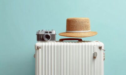 White suitcase with camera and hat