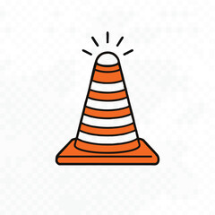 Fototapeta premium An orange and white striped traffic cone with a glowing top signifies caution, road safety, and construction zone warnings.