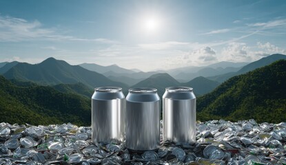 Three aluminum beverage cans on a mountaintop, surrounded by crushed aluminum cans