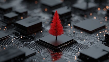Abstract digital art; a red tree on a circuit board
